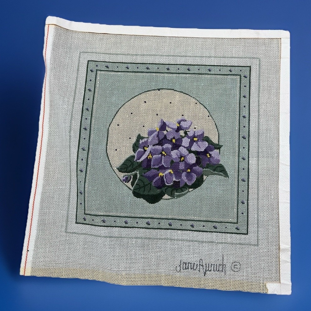 Jane Aurich Handpainted Needlepoint‎ Canvas Violet Flowers 18 Count